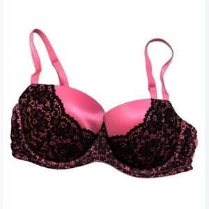 Victoria’s Secret pink satin with black lace Balconette bra Size 34D